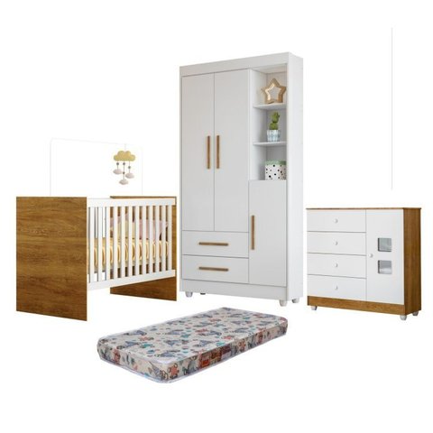 Quarto de Bebê com Berço com Colchão, Cômoda 1 Porta 4 Gavetas e Roupeiro Flocos 3 Portas 2 Gavetas