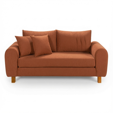 Sofa Living 185cm Tecido Boucle Almofadas Soltas Pes em Madeira:Terracota