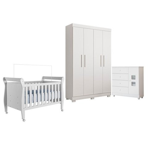Quarto de Bebê com Berço Mini Cama, Cômoda 1 Porta 4 Gavetas e Roupeiro 4 Portas 3 Gavetas 100% MDF Branco