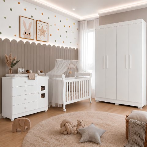 Quarto de Bebê com Berço Mini Cama, Cômoda 1 Porta 4 Gavetas e Roupeiro 4 Portas 3 Gavetas 100% MDF 
