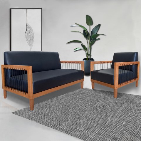 Conjunto Poltrona e Namoradeira Sala de Estar Pés Madeira Maciça Corda Náutica Preta 160cm Manila Pu
