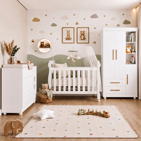 Quarto de Bebê com Berço Mini Cama, Cômoda 1 Porta 4 Gavetas e Roupeiro Flocos 3 Portas 2 Gavetas Br