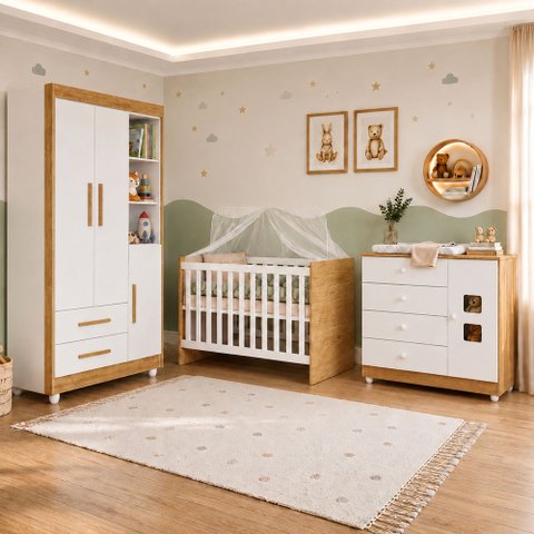 Quarto de Bebê com Berço com Suporte, Cômoda 1 Porta 4 Gavetas e Roupeiro Flocos 3 Portas 2 Gavetas 