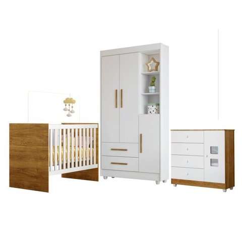 Quarto de Bebê com Berço com Suporte, Cômoda 1 Porta 4 Gavetas e Roupeiro Flocos 3 Portas 2 Gavetas Marrom/Branco/Madeirado Ypê