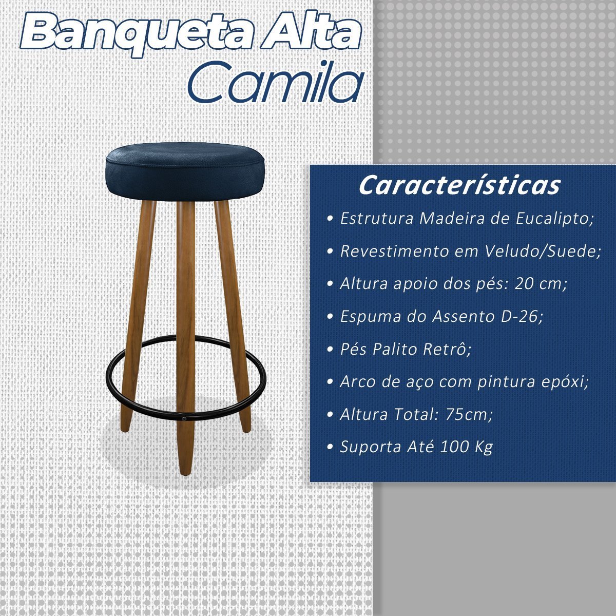 Kit 04 Banco Banqueta Alta Camila Espuma P/balcão Azul - 3