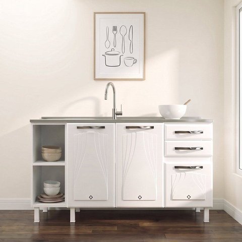 Balcão de Cozinha para Pia em Aço 3 Portas 2 Gavetas com Nichos 150cm Star New Branco