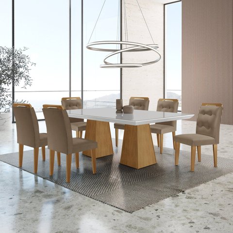 Mesa Inovare 180 Tp MDF Vidro/Canto Reto com 6 Cadeiras Valentina Marrom/Capuccino/Imbuia/Ripado/Serig. Off