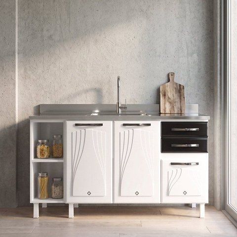 Balcão de Cozinha de Aço Star New 150cm p/Pia Branco/com Preto