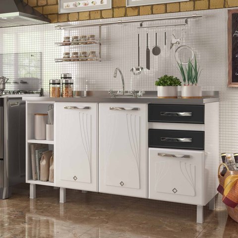 Balcão de Cozinha de Aço Star New 150cm p/Pia Branco/com Preto