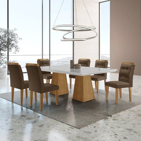 Mesa Inovare 180 Tp MDF Vidro/Canto Reto com 6 Cadeiras Valentina Marrom/Off White/Imbuia/Ripado