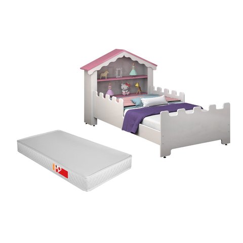 Cama Infantil Magia Quarto da Criança com Grade de Proteção Casinha com Colchão Cor Branco/rosa