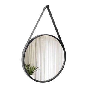Espelho Decorativo Adnet Preto Alça Corino Preto 60 cm Redondo Preto/Preto, 60 cm