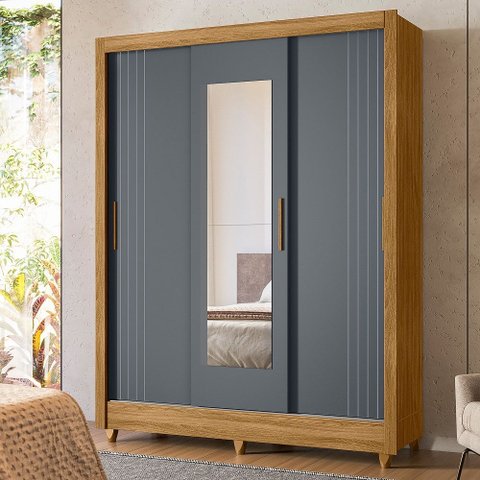 Guarda-Roupa Casal 3 Portas de Correr 2 Gavetas com Espelho e Pés Bolívia Marrom/Freijó/Cinza