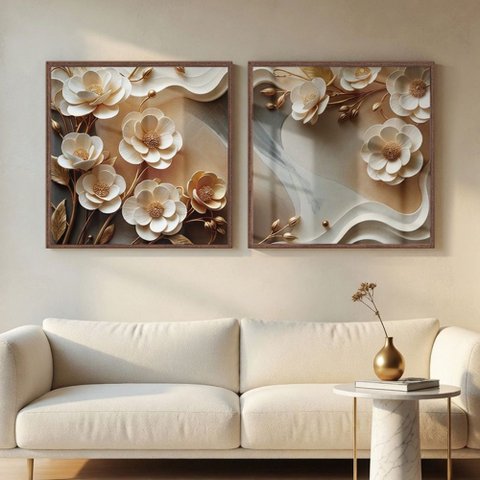 Quadro Decorativo Flores Brancas 3D Abstratas Moldura Premium:Moldura Ype/50X50 sem Vidro Acrílico