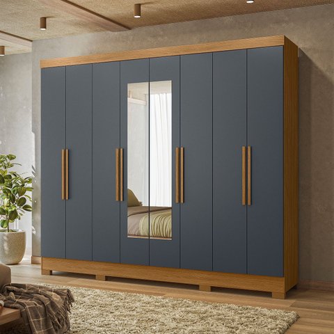 Guarda-Roupa Casal 8 Portas 4 Gavetas com Espelhos e Pés Diplomata Marrom/Freijó/Cinza