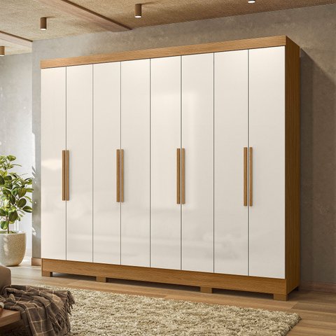 Guarda-Roupa Casal 8 Portas 4 Gavetas e Pés Diplomata Marrom/Freijó/Off