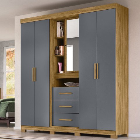 Guarda-Roupa Casal com Espelho 5 Portas 3 Gavetas 4 Nichos e Pés Eldorado Marrom/Freijó/Cinza