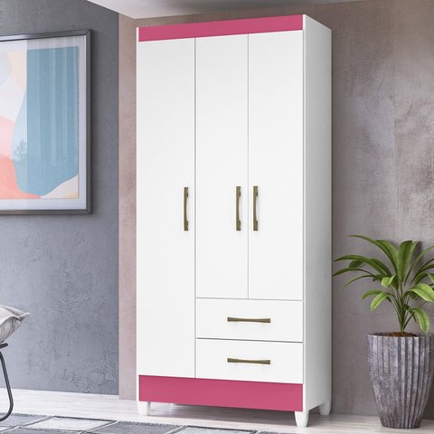 Guarda-Roupa Solteiro 3 Portas 2 Gavetas e Pés Lima Branco/Rosa