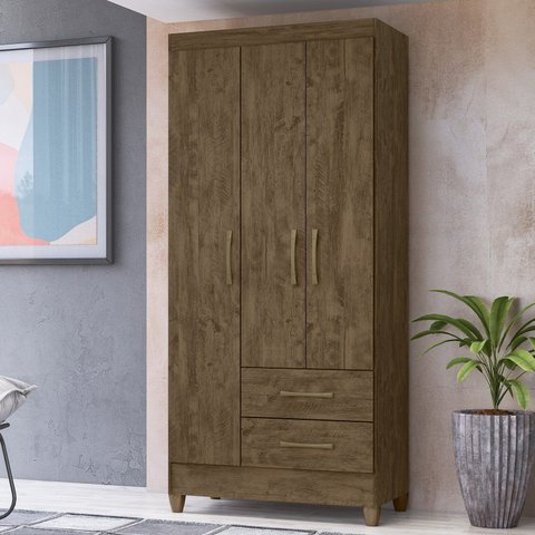 Guarda-Roupa Solteiro 3 Portas 2 Gavetas e Pés Lima Marrom/Castanho Wood
