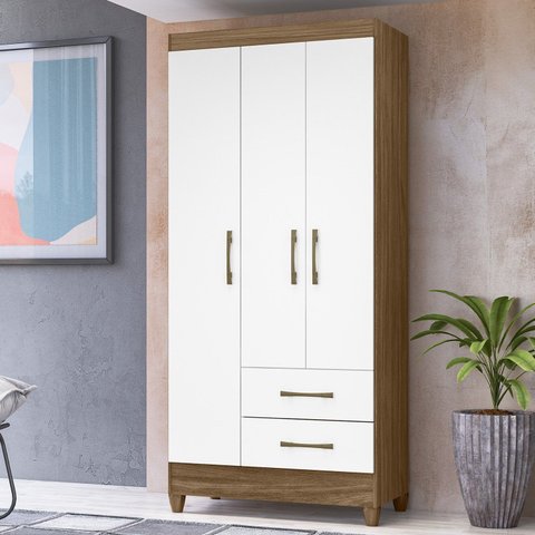Guarda-Roupa Solteiro 3 Portas 2 Gavetas e Pés Lima Marrom/Marrome/Branco