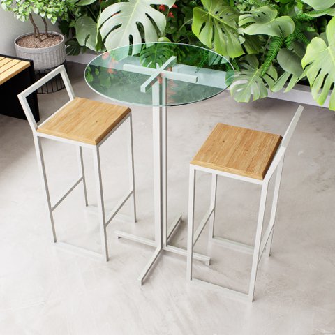 Conjunto Mesa Alta Bar Bistrô Redonda Vidro 2 Banquetas Confort Pinus Industrial White Don Castro De