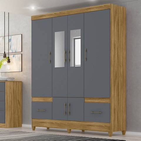 Guarda-Roupa Casal 6 Portas 2 Gavetas com Espelhos e Pés MS912 Marrom/Freijó/Cinza