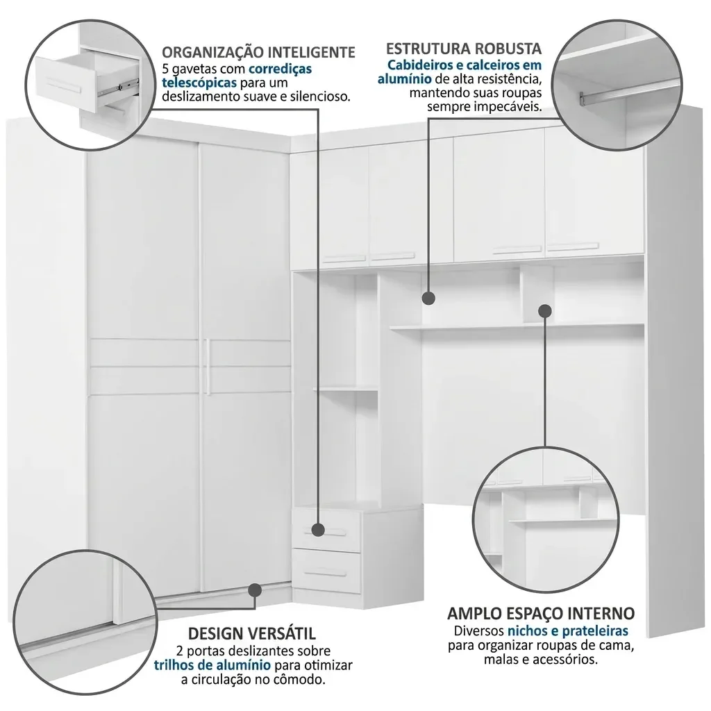 Ver imagem 5 de Guarda Roupa Casal Modulado com Cabeceira 6 Portas 5 Gavetas Florença Branco