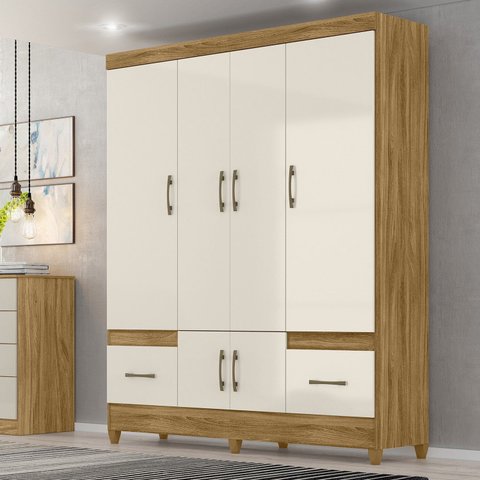 Guarda-Roupa Casal 6 Portas 2 Gavetas e Pés MS912 Marrom/Freijó/Off White