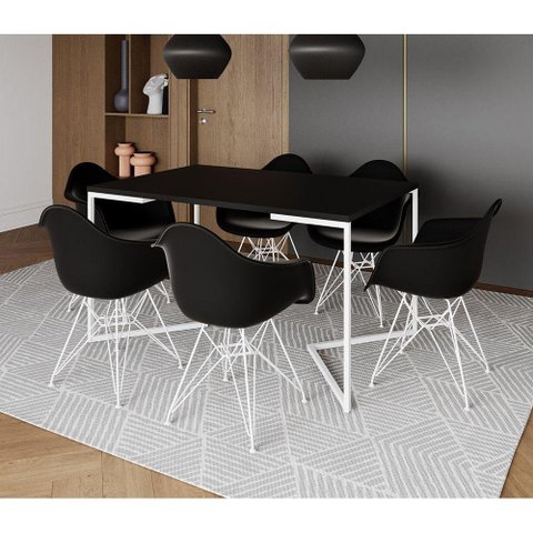 Mesa Industrial Jantar Preta 137X90Cm Base V Com 6 Poltronas Pretas Ferro Branco Preto