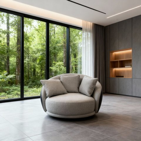 Poltrona Ibiza Giratória Linho Bege Corino Caramelo 122cm Almofadas Premium para Sala