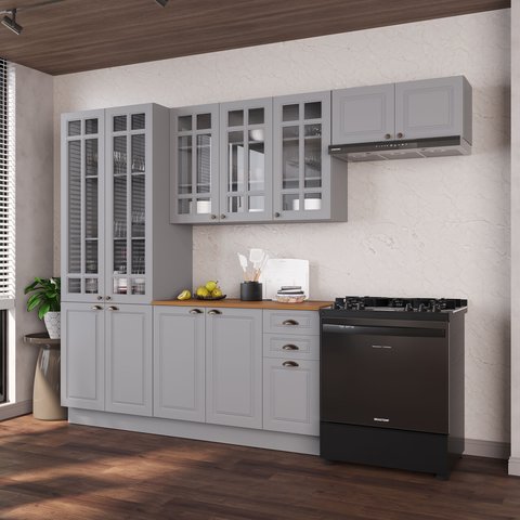 Cozinha Modulada 4 Peças Cristaleira Balcão com Tampo 2 Aéreos 100% MDF com Rodapé Bari Cinza/Titânio Fosco