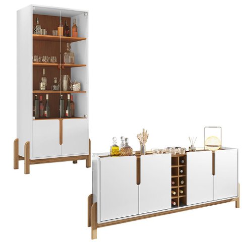 Aparador Buffet 190 com Cristaleira Lizz Pés Madeira Maciça Branco/cedro