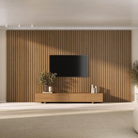 Rack com Painel Ripado TV 86 Polegadas Planejado 400x230cm Aruá CabeCasa MadeiraOriginals Marrom