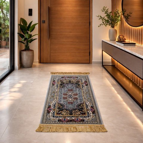 Tapete Persa Royal Cinza 50x85cm Fio Acetinado - Ideal para Quarto e Sala
