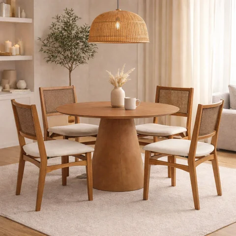 Conjunto Sala de Jantar Serena com Mesa e 4 Cadeiras com Encosto em Tela