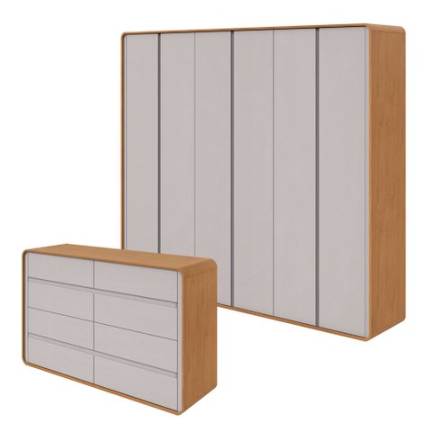 Conjunto de Guarda-roupa Casal Loop 6 Portas e Cômoda 8 Gavetas 152x48x96cm Loop