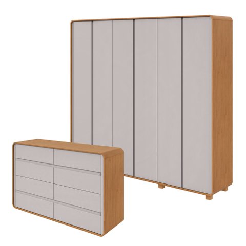 Conjunto de Guarda-Roupa Casal 6 Portas com Pés e Cômoda 8 Gavetas Loop Marrom Amêndoa Clean/Off White