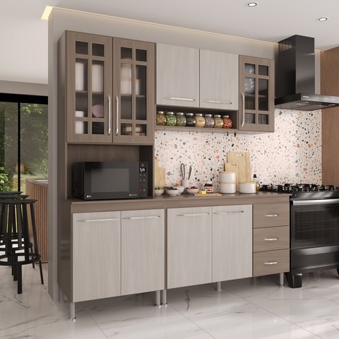 Armário de Cozinha Modulada Compacta Fidelitá Paris 3 Peças 190cm 9 Portas 3 Gavetas com Tampo