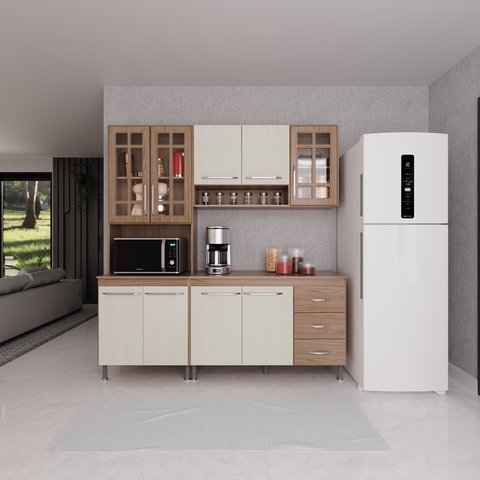 Cozinha Modulada Compacta Fidelitá Paris 3 Peças 190cm 9 Portas 3 Gavetas com Tampo