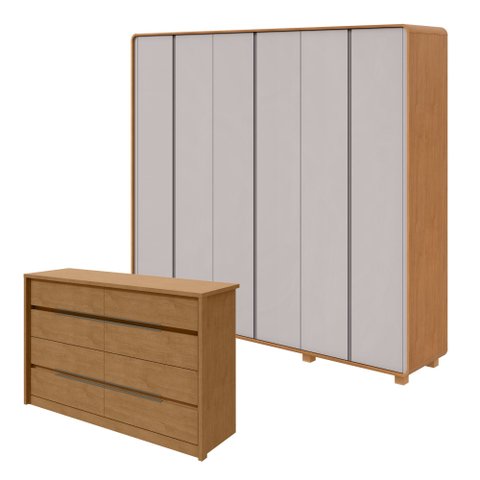 Conjunto de Guarda-Roupa Casal 6 Portas com Pés e Cômoda 8 Gavetas Loop e Urban Amêndoa Clean/Off White