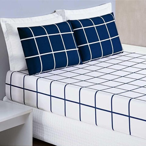 Jogo de Lençol Minimalista Casal Padrão 3 Peças Percal 200 Fios Quadriculado - Azul Marinho