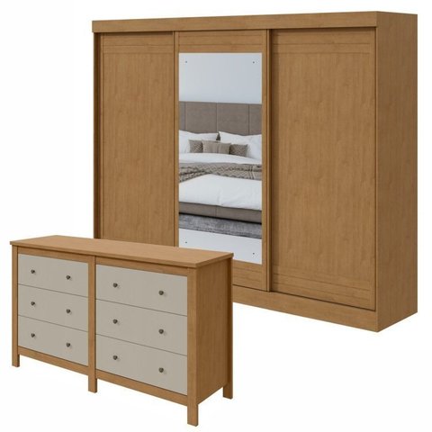 Kit 2 Peças com Guarda-Roupa 3 Portas com Espelho e Cômoda 6 Gavetas Nice Marrom Amêndoa Clean/Off White