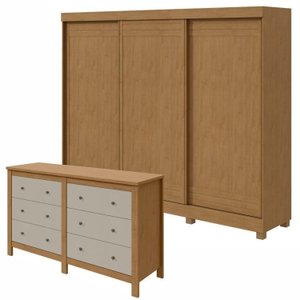 Conjunto de Guarda-roupa 3 Portas 4 Gavetas Nice com Pés e Cômoda 6 Gavetas Mdp/mdf Maggiore New 