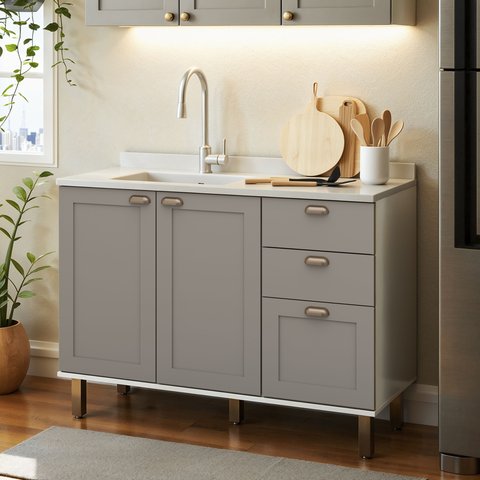 Balcão para Cozinha 2 Portas 3 Gavetas Provençais sem Tampo Iluminata
