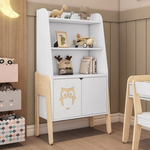 Estante Infantil 3 Prateleiras e 2 Portas Corujinha Casatema MadeiraOriginals Branco/Marrom
