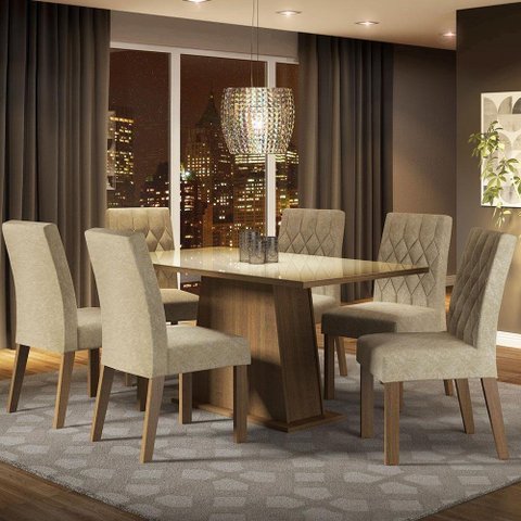 Conjunto Sala De Jantar Mesa Tampo De Vidro 6 Cadeiras Rust