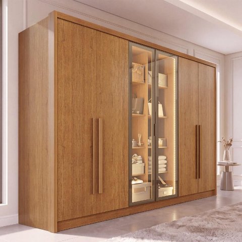 Guarda-Roupa Casal com Vidro e LED 6 Portas e 6 Gavetas Multimóveis Crnvh-GRP144 Cinamomo