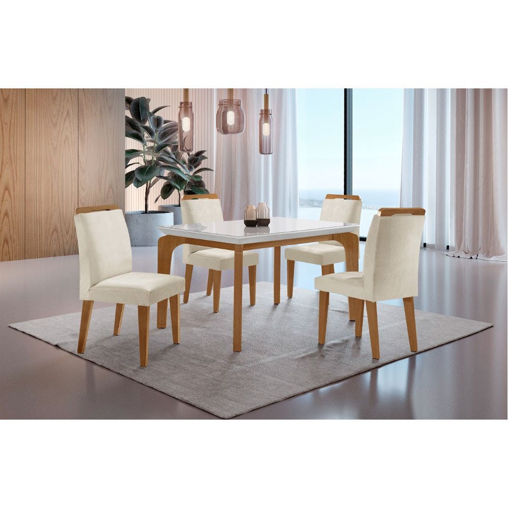 Conjunto Sala de Jantar Mesa Liz 120cm com Vidro Canto Reto e 4 Cadeiras Athenas Moderna - 1
