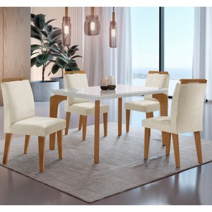 Conjunto Sala de Jantar Mesa Liz 120cm com Vidro Canto Reto e 4 Cadeiras Athenas Moderna