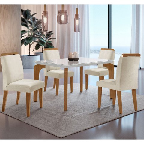 Conjunto Sala de Jantar Mesa Liz 120cm com Vidro Canto Reto e 4 Cadeiras Athenas Moderna